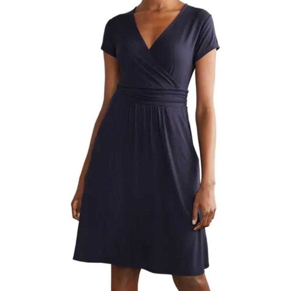Boden Navy Blue Cotton Minimalist Jersey Empire Waist Faux Wrap Dress US 6 M EUC